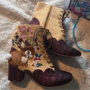 Whimsical Embroidered Lace-Up Boots - Brown and Cream